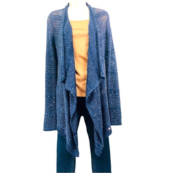 INC International Concepts Denim Blue Sparkle Sweater Waterfall Open Front - Picture 4 of 16